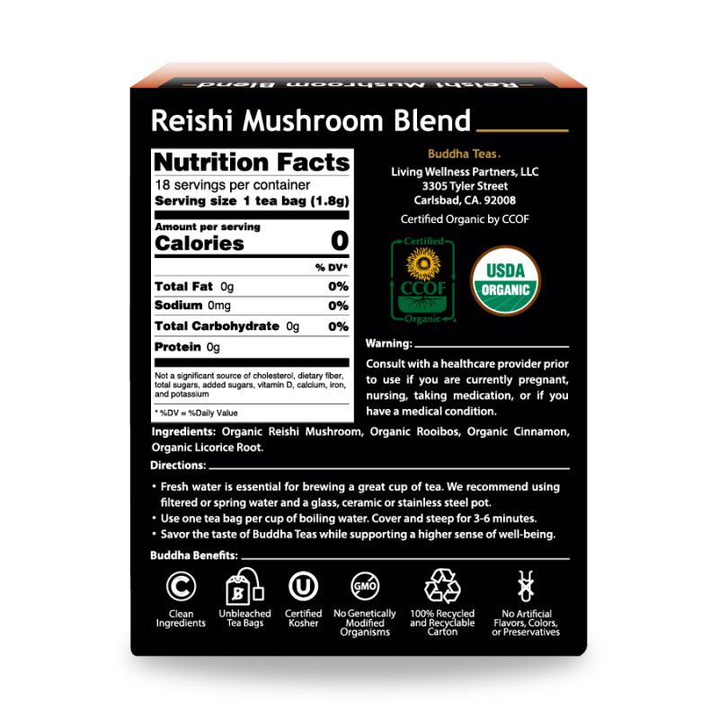 Buddha Teas Reishi Mushroom Tea – Organic Calming & Immune Support Blend 18 Bags