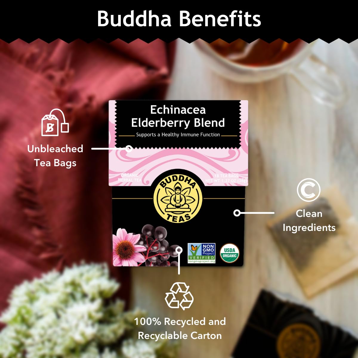 Buddha Teas Echinacea Elderberry Tea – Immune-Boosting Herbal Blend 18 Bags