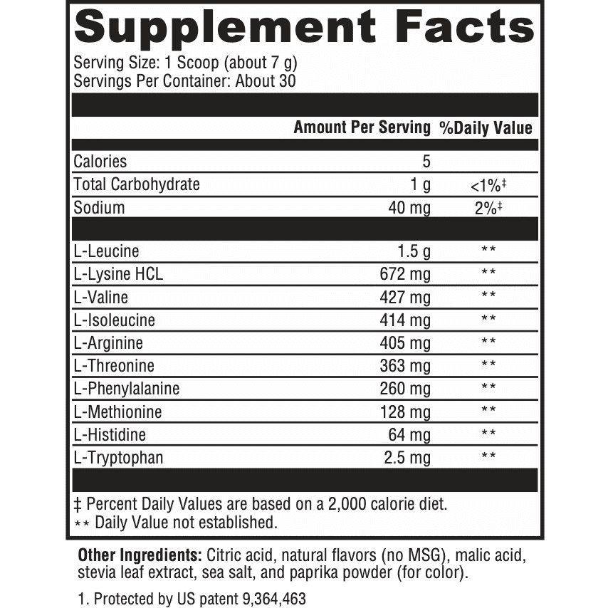 Detailed view of UltraPlex Amino label with its amino acid profile and ingredient information.