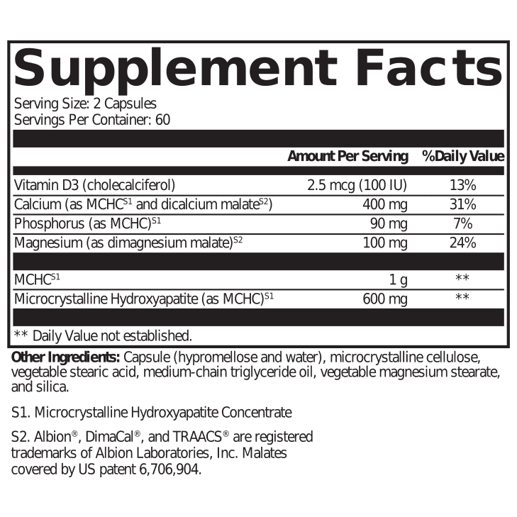 Close-up of UltraPlex Bone (120 capsules) showing supplement facts and key nutrients for bone support.