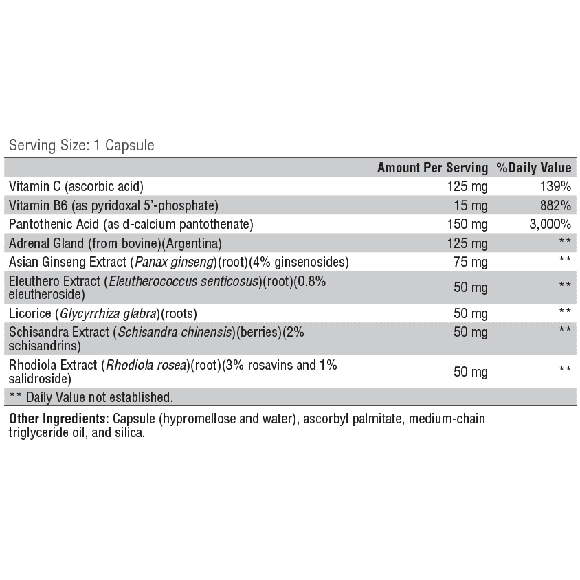 Close-up of UltraPlex Fatigue (60 capsules) showing supplement facts and key energy-boosting ingredients.