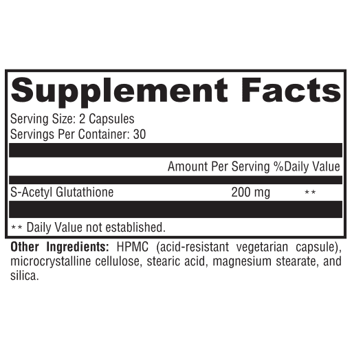 Close-up of UltraPlex Glutathione (60 capsules) showing supplement facts and key ingredients for optimal antioxidant support.