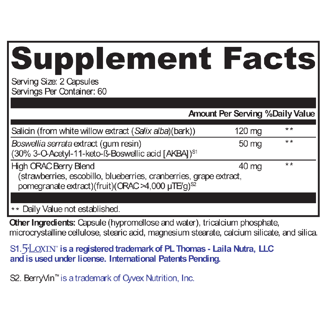 Close-up of UltraPlex Pain Relief (120 vegetarian capsules) bottle showing supplement facts and ingredients.